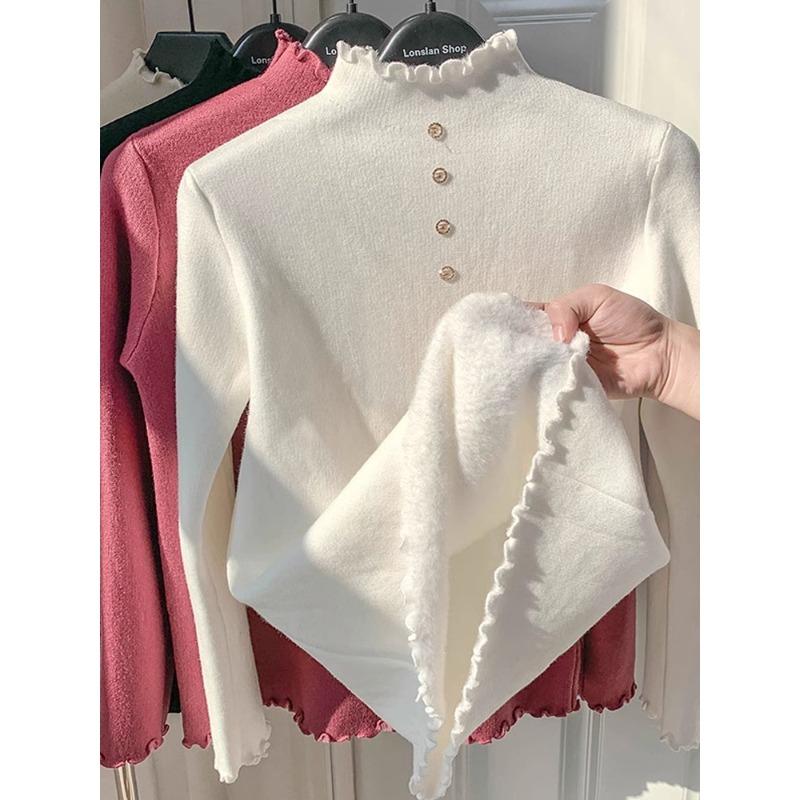 Fleece sweater women s thick fungus edge integrated fleece knitted bottoming shirt with autumn and winter semi-turtleneck thermal top average size recommended 80-60kg 3300₽