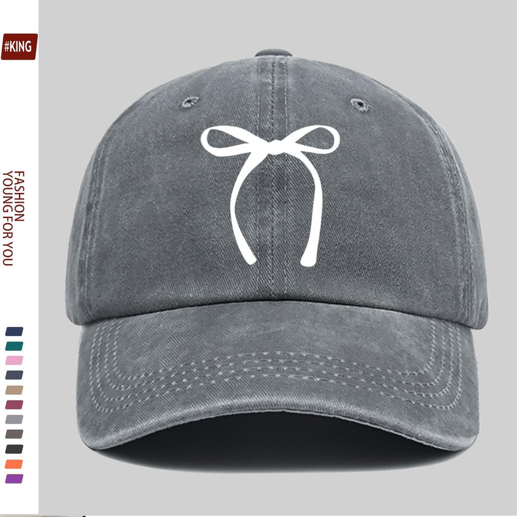 Bow Graphic Washed Baseball Cap Vintage Cotton Adjustable Casual Unisex Street Hat