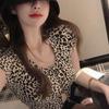 Leopard Print Women's T-Shirt Round Neck Single Breasted Slim Open Navel Short Sleeve One Size Fashionable And Sexy