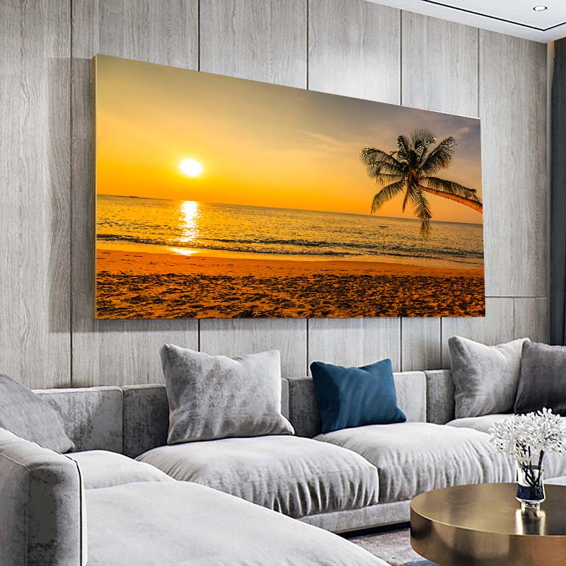 Sea Beach Landscape Canvas Paintings Sunset Gold Sea Pictures Tropical Palm Tree Wall Art Poster Scenery Home Decor Painting