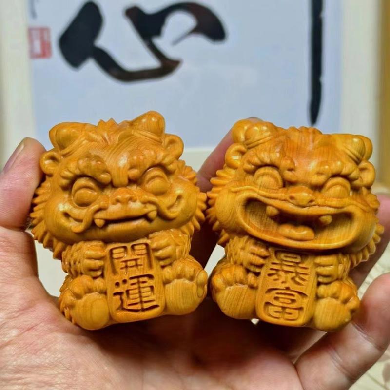 Natural Solid Wood Feng Shui Little Lion Lucky Mini Statue Cute Home Room Office Car Decorations  Featured Mascot A Pair