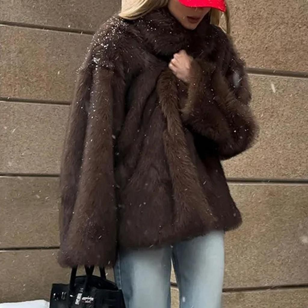 Women's Fashionable Warm Long Sleeve  Solid Color Furry Collar Coat