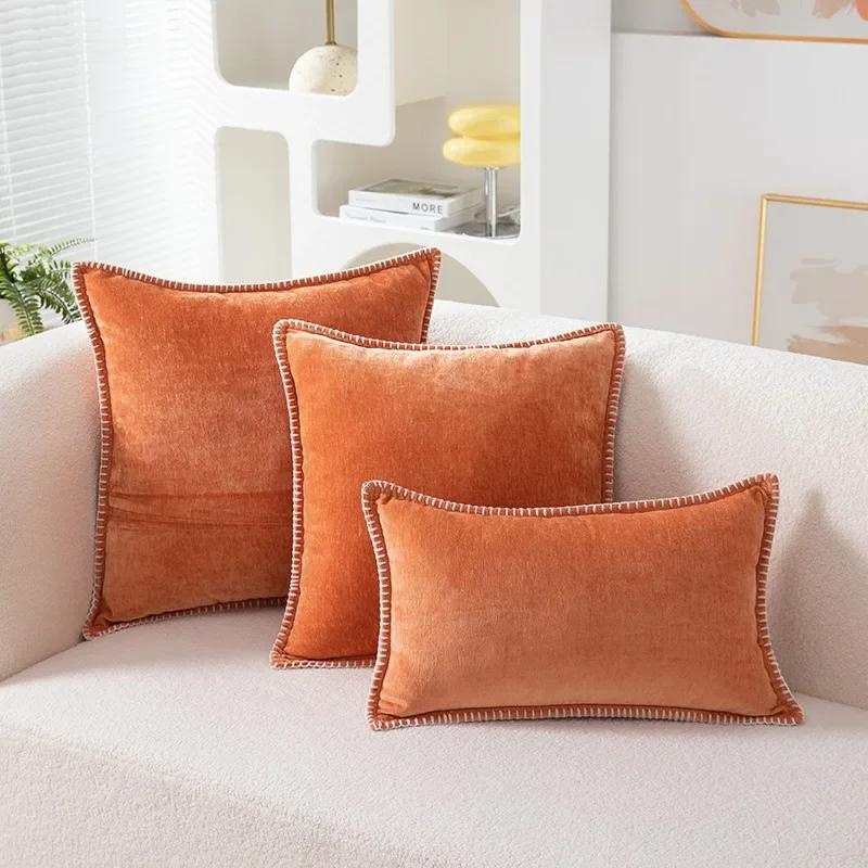 Fall Decorative Cozy Throw Pillow Covers Cases for Couch Sofa Home Decoration Solid Dyed Soft Chenille Fall Orange Cushion Cover