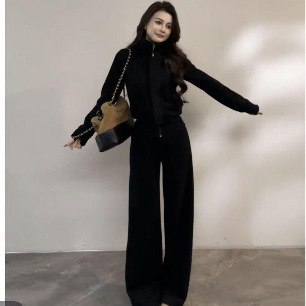 

Korean Style Women s Sportswear Set: Stand Collar Jacket & Wide Leg Pants Hoodie for Spring/Autumn 2025 2XL чорний