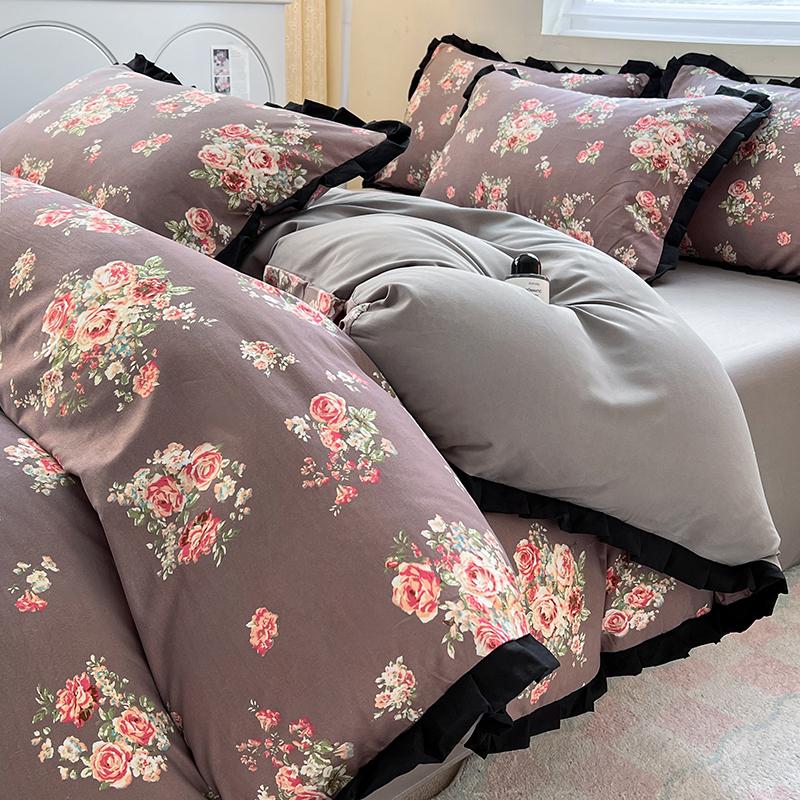 2025 New Washed Cotton Printed Single Quilt Cover Hepburn Style French Black Lace Duvet Cover AB Version Bedding 150x200 200x230 48x74cm 2 pillowcas