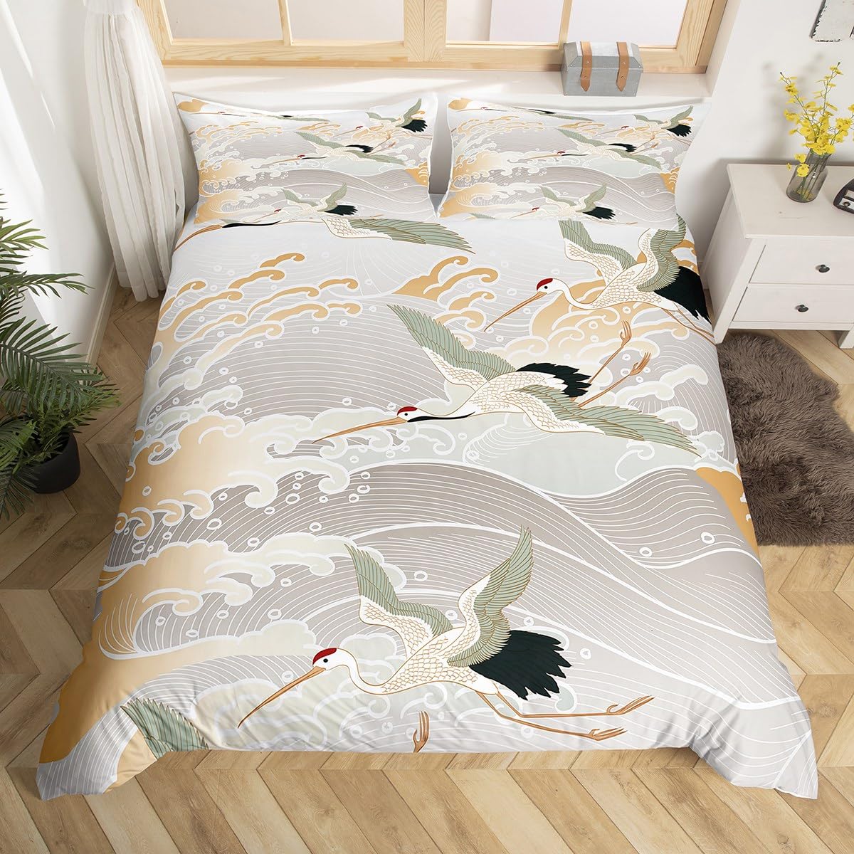 

White Crane Down Duvet Cover Queen King Size Wild Bird Animal Bedding Set Ink Painting Quilt Cover Trees Branches Plants 3 Pcs AU King(245*210cm)3pcs