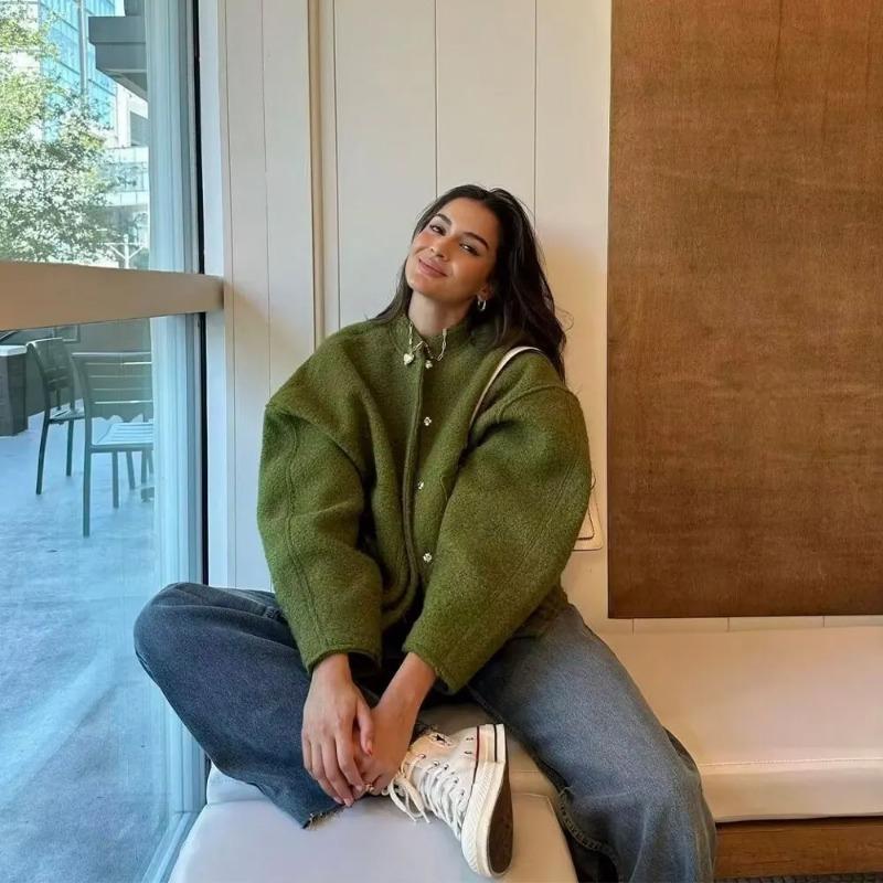 Women Fashion Vintage Pockets Woolen Jacket Autumn Casual Solid Long Sleeve Coat Snap Button Loose Outerwear