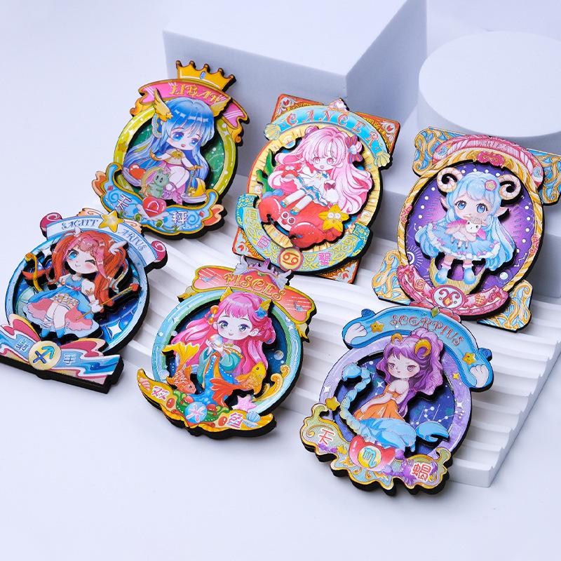 Soft Magnetic Wooden & Aluminum Foil Cartoon Zodiac Refrigerator Magnet Set