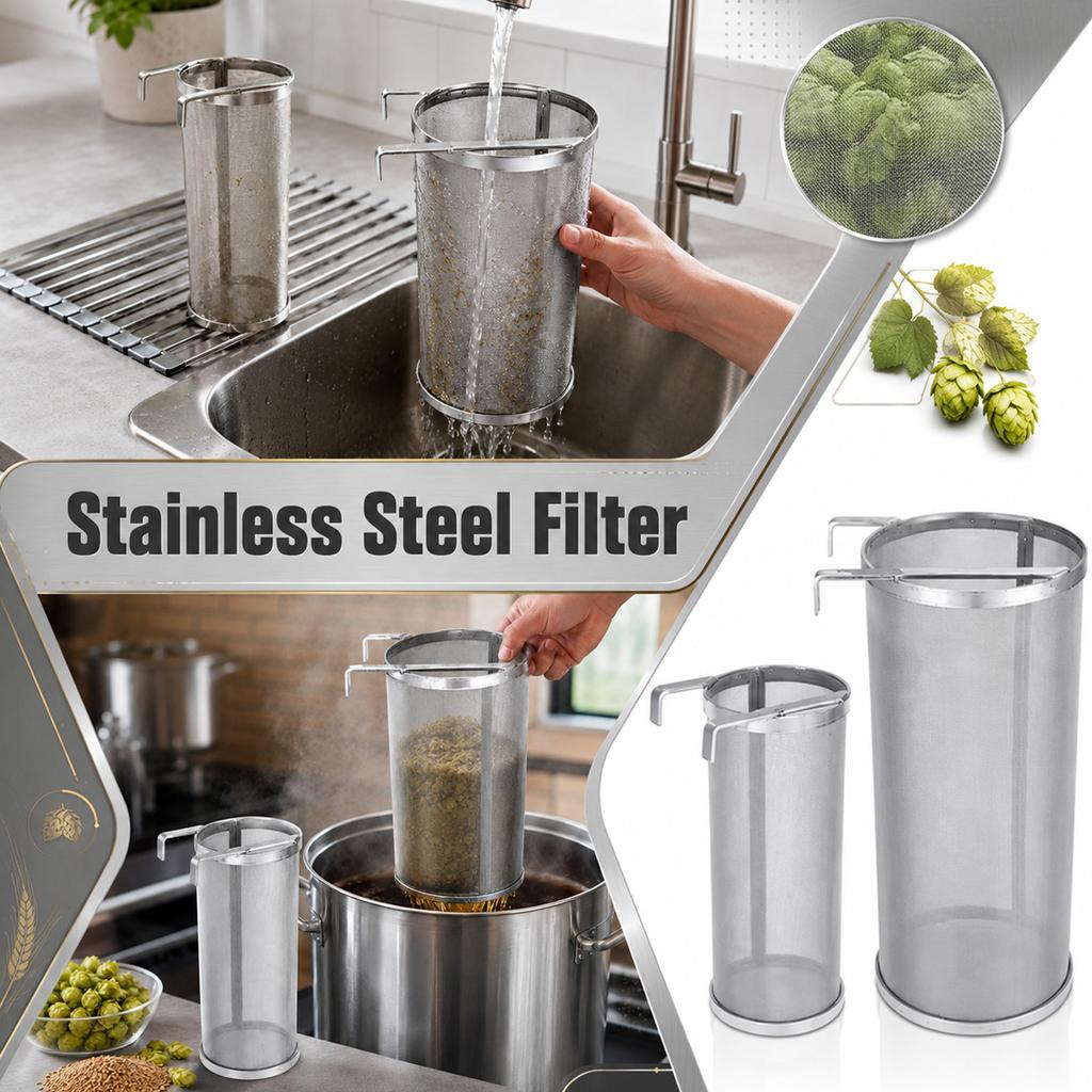 Stainless Steel Beer Brewing Filter Cylinder with Dual Handles Food Grade Mesh Strainer for Home Brewing and Craft Beer Filtration