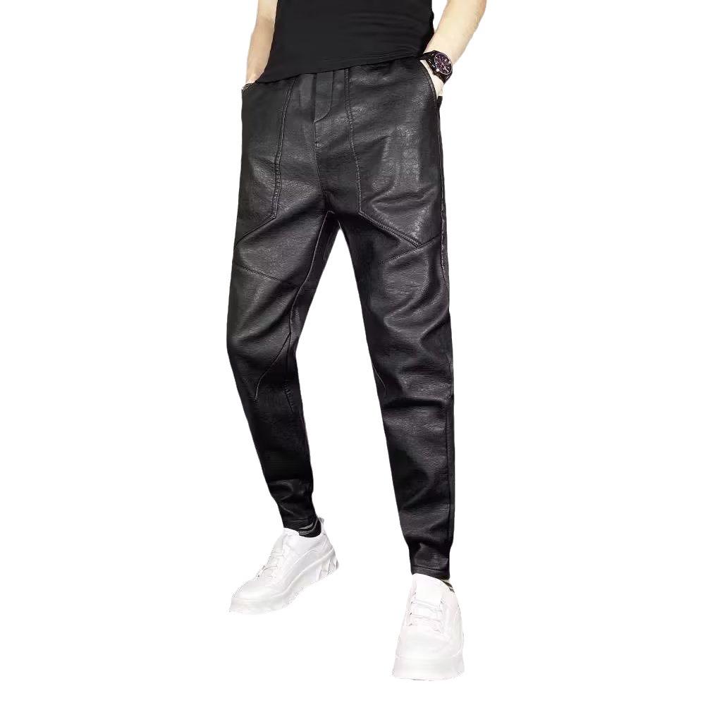 Men's Trendy Casual Elastic Slim-Fit Leather Motorcycle Harem Pants with Multi-Pockets for Fall/Winter.