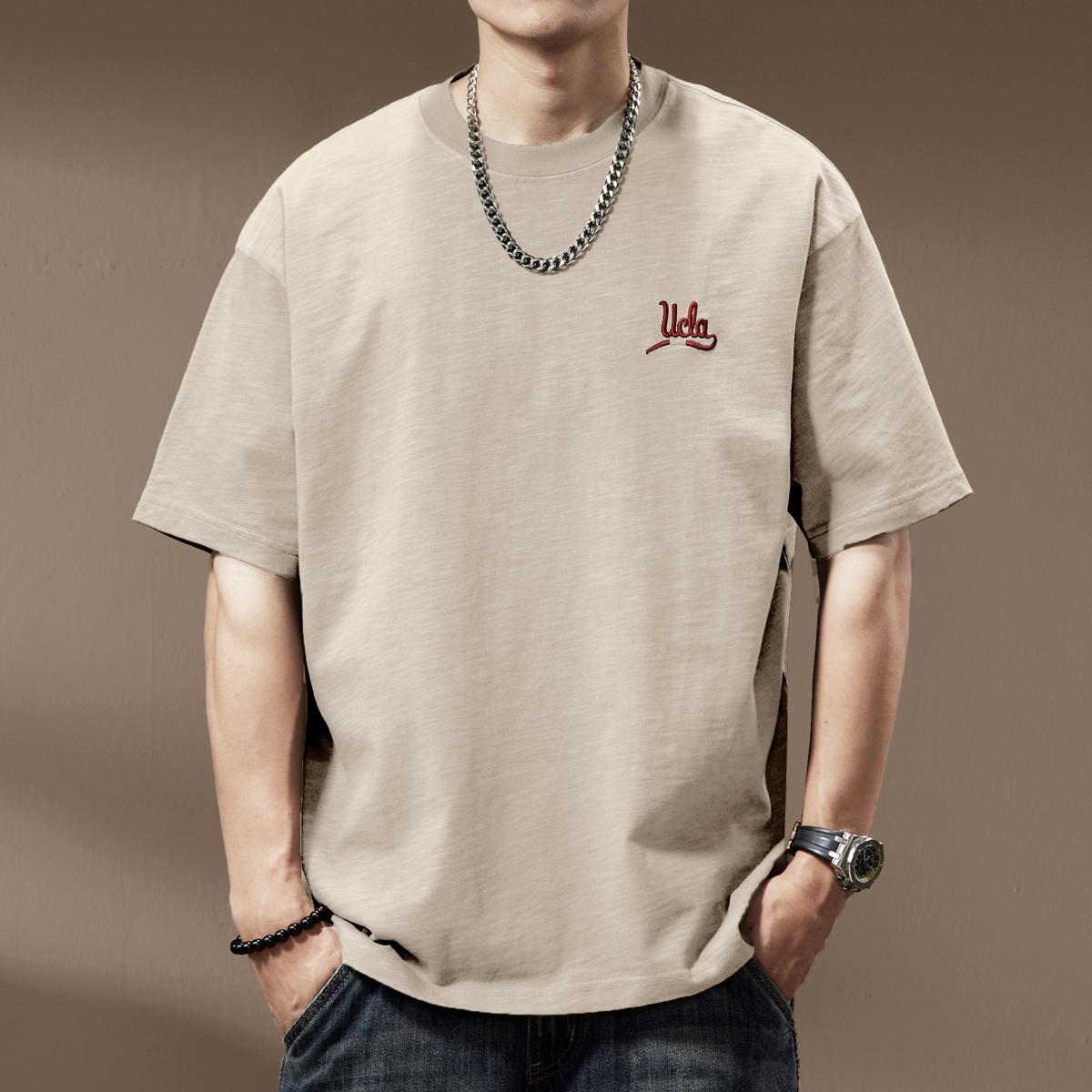 

Мужская футболка из плотного хлопка оливкового цвета - Вышитая, Дышащая, Устойчивая к сминанию, Короткий рукав, Свободный крой, Модная мужская одежда. M слоновая кость