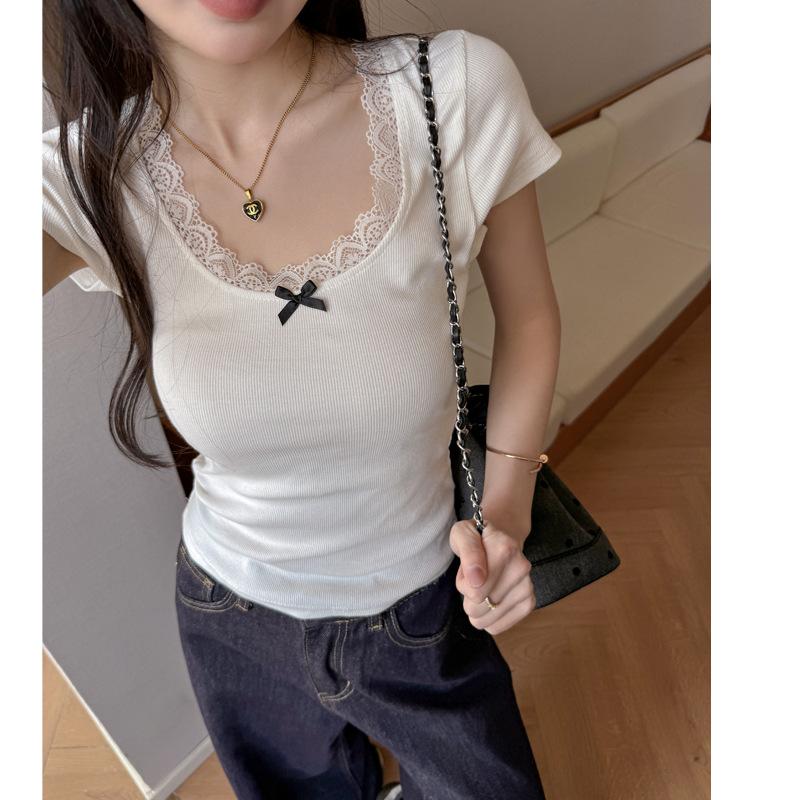 

Summer Xiaofei Sleeve Pure Lace Front Shoulder Short Sleeve T-Shirt Women s Slim Skinny Inner Bottom Top Xl (suitable for weight 65-75kg ) білий