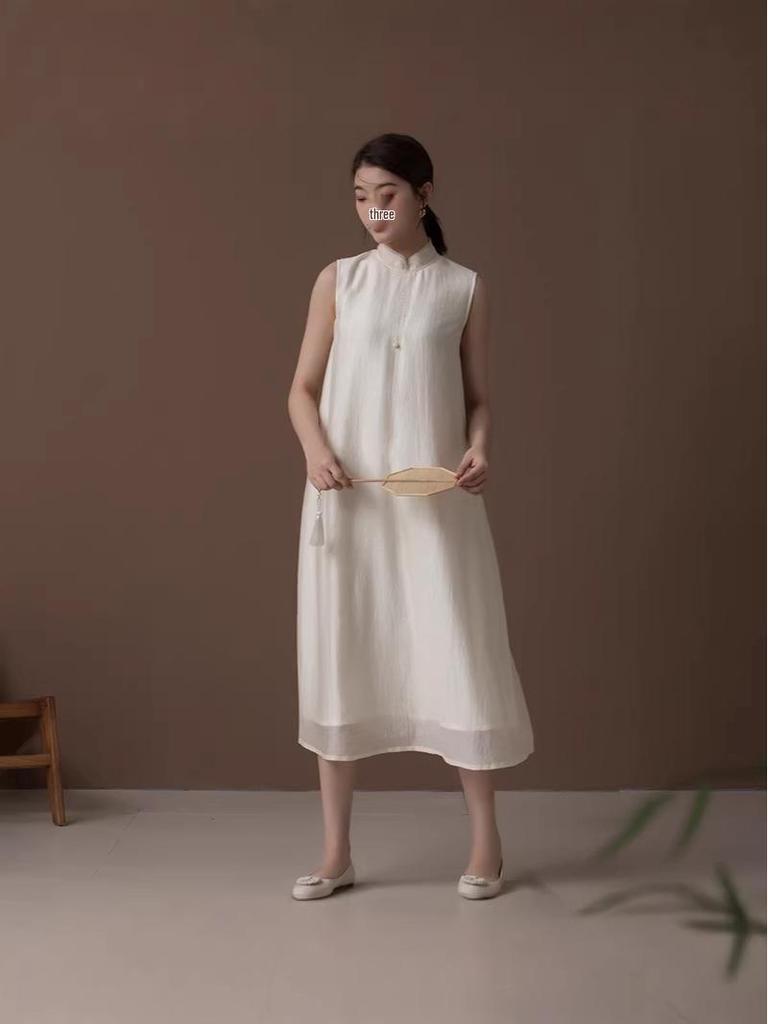 New Chinese Style Tencel Zen Retro Sleeveless Tea Dress for Spring-Summer