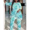 Distressed Floral Print Two Piece Outfit Women Long Sleeve Irregular Hem Tunic Top Wide Leg Pants Casual Matching Set