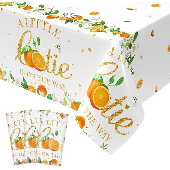 3 Pcs Little Cutie Tablecloth, 54 * 108 Inch Orange Tablecloth, Fruit Plastic Tablecover for Boys and Girls Birthday Party, A Little Cutie is on The