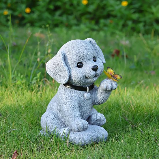 Garden Dog Statue with Solar Butterfly Light Small Resin Puppy Sculpture Outdoor Waterproof Solar Powered Animal Figurine for Yard Patio Lawn
