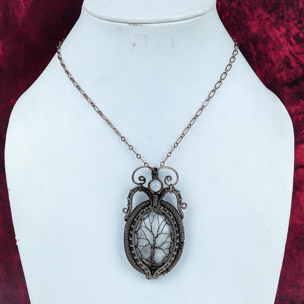 Tree Of Life Rainbow Moonstone Pendant Copper Wire Wrapped Pendant Natural Gemstone Jewelry