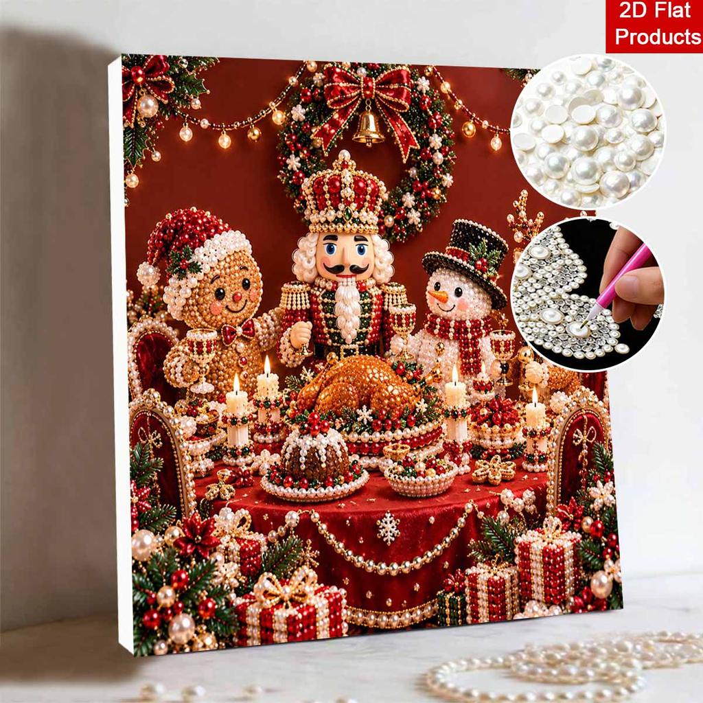 DIY Framed Pearl Painting Kit with Christmas Dinner Nutcracker Snowman Reindeer 5D Sparkling Bead Art Canvas Ready to Display Home Decor Gift Idea