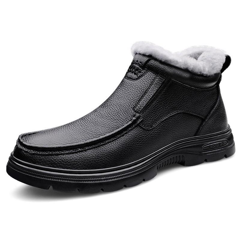 Mens Warm Lined Leather Martin Boots Winter Casual High Top Shoes With Wool Lining Round Toe