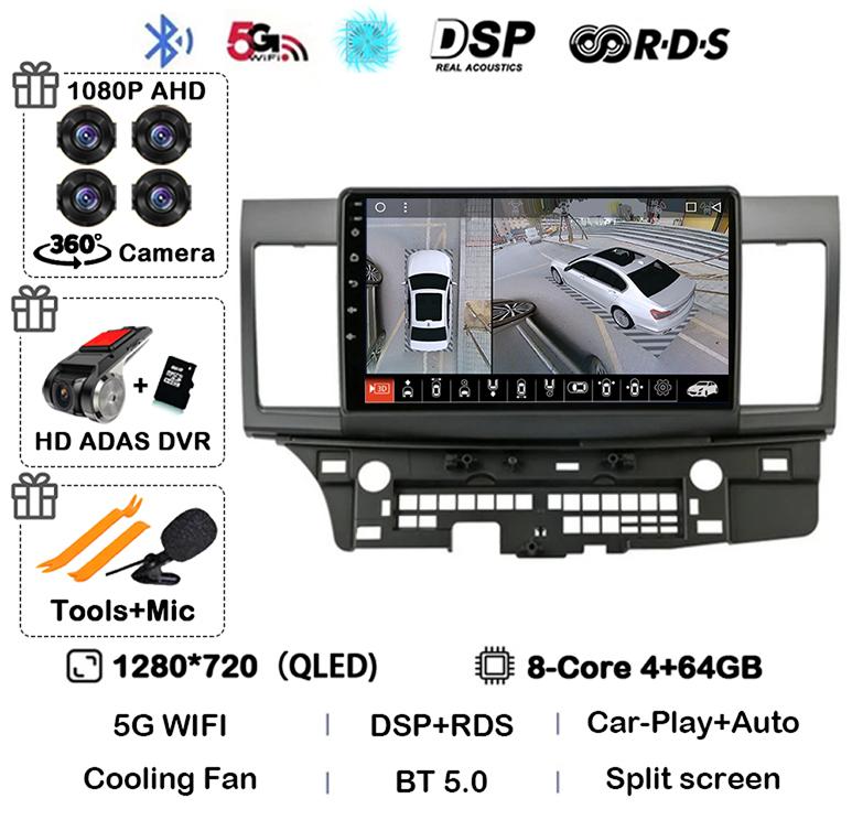 Android 14 Carplay Auto Car Radio For Mitsubishi Lancer 10 CY 2007-2017 Multimedia Video Player WIFI+4G GPS Stereo Head Unit DSP