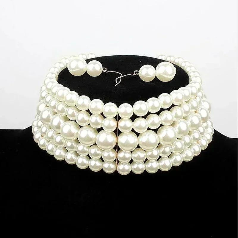 Women Summer Fashion Simple Multi-layer White Imitation Pearl Wide Bib Necklace Jewelry Charm Creative Gifts Jewerly Accessories