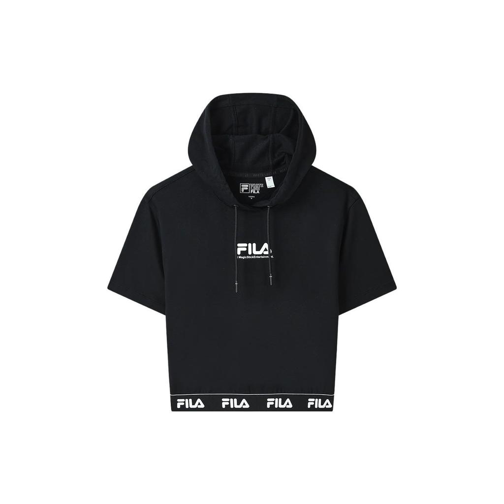 Fila X Magic Stick Collaboration Solid Color Letter Print Hooded Short Sleeve T-Shirt Women Tops Black F11W329112F-BK