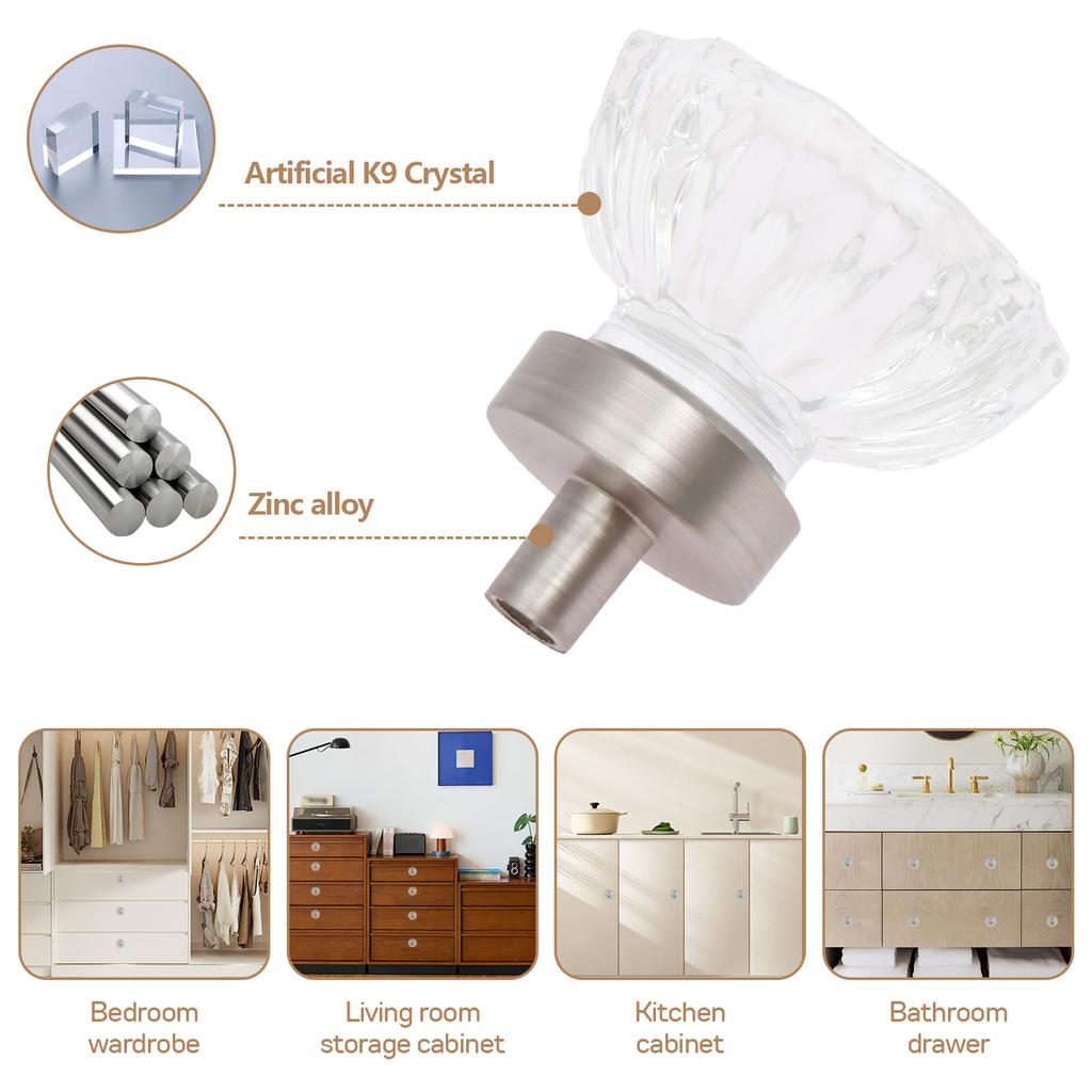 8Pcs 35mm Diamond Shape Design Crystal Glass Knobs Bedroom Cupboard Drawer Pull Kitchen Cabinet Door Wardrobe Handles Hardware