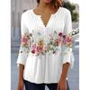 Spring Summer Women T-shirt Fashion Floral Print V-Neck 3/4 Sleeves Pleated Button Down Tee Tops