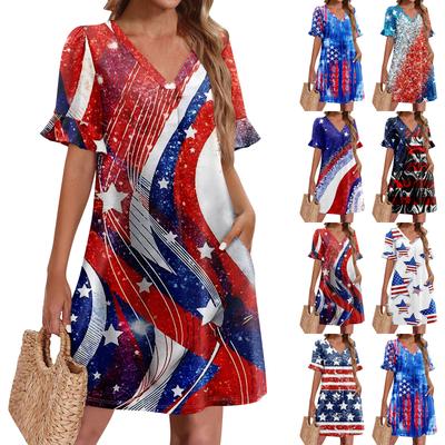 Sommerkleider für Damen V-Ausschnitt Rüschen Kurzarm Lässig Locker Unabhängigkeitsdruck Kleid Strandkleid Mit Taschen