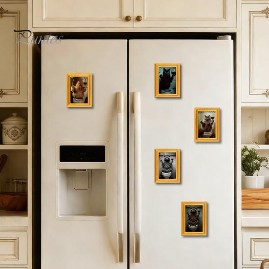 Decorative Refrigerator Magnets 1/5/6Pcs Drinking Animal Cat Magnet Vintage Wooden Frame with Fridge Home Kitchen Office Decoration Lover Gift