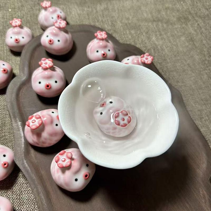 Estatua de Mascota de Té de Cerámica Pez Pececito Escupe Burbujas Bajo Fondo de Taza Rosa Escupe Burbujas Adorno de Cerdito Tazas de Agua Decoración de Taza Regalo