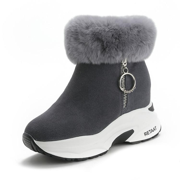 Snow boots women's, autumn and winter warm cotton boots, casual shoes, rabbit fur wedge heel short women's shoes zipper Martin boots