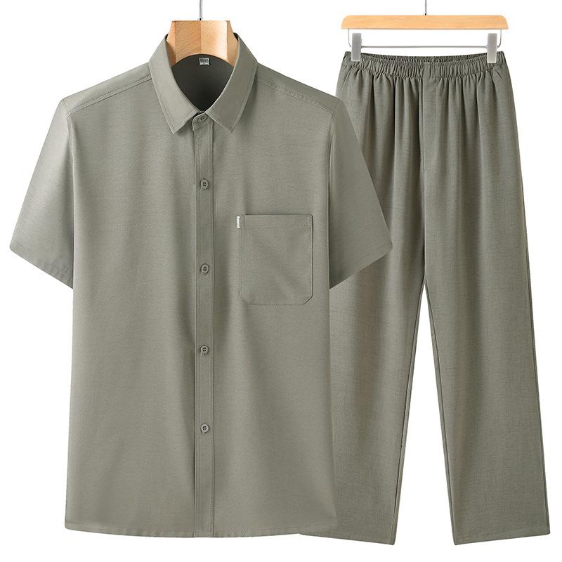 Men's Summer Comfortable Suit Middle-aged and Elderly Solid Color Simple Short-sleeved Shirt + Casual Pants Two-piece Set
