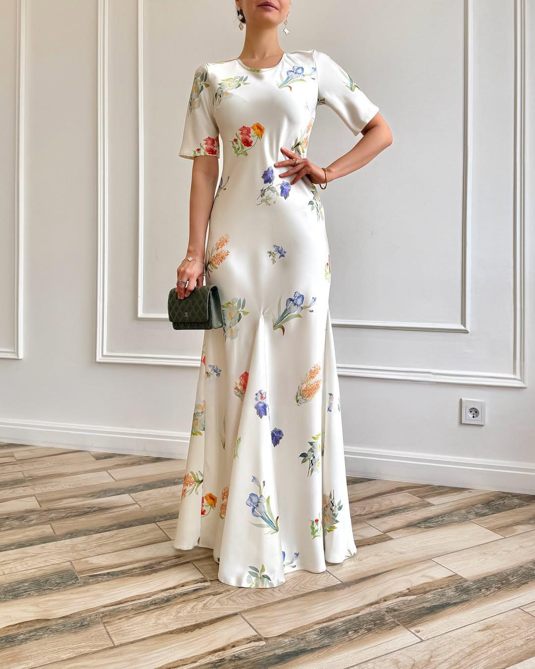 

Летнее женское платье 2025 года в стиле ретро с круглым вырезом и короткими рукавами Large белый