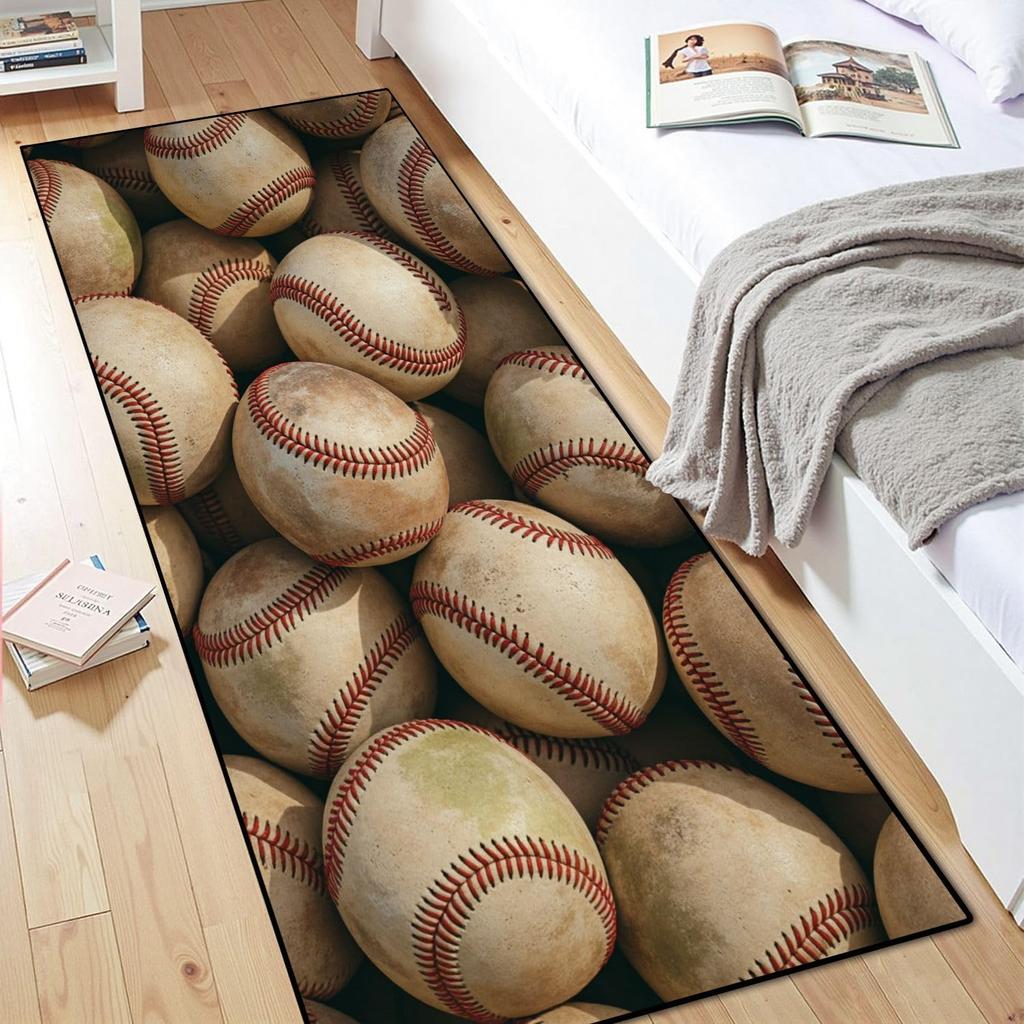 Ball Sports Theme Hallway Runner Rug Baseball Rugby Football Print Non Slip Mat for Boy's Room Living Room Kitchen Bedroom