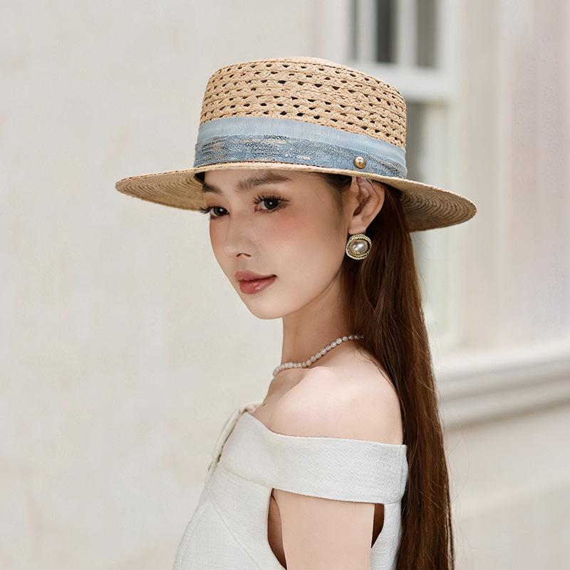 New Hollow Flat Top Straw Hat Women's Summer Straw Shade Sunscreen Hat Seaside Vacation Versatile Big Eaves Sun Hat