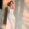 French High-end Simple Temperament Square Neck White Suspender Dress Summer Medium and Long Pleated Waist Vest Skirt