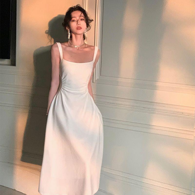 French High-end Simple Temperament Square Neck White Suspender Dress Summer Medium and Long Pleated Waist Vest Skirt