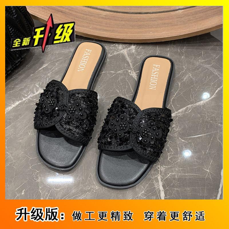 Xiaoxiangfeng versatile women's shoes 2025 summer new pearl one-word cool slippers rhinestone fashion women's one-word flat bottom