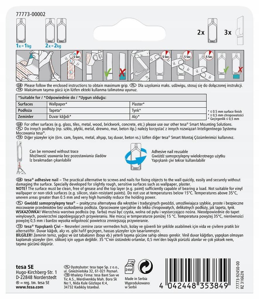 Tesa Mounting Strips Self-Adhesive Large Load Capacity Up to 2Kg White 10 Pcs