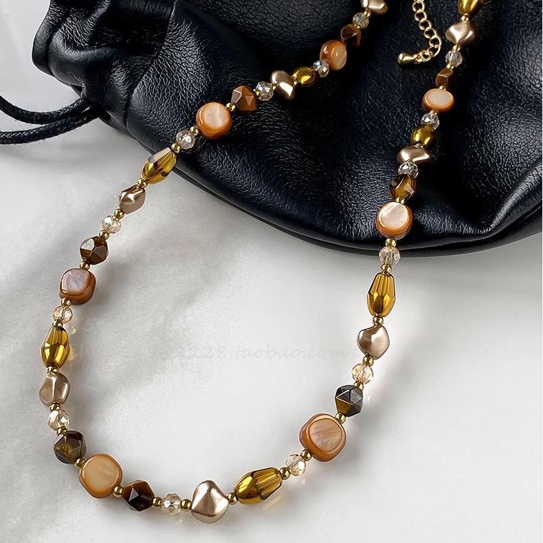 Maillard Caramel Tiger's Eye Stone Beaded Necklace Femininity Versatile Premium Sense Clavicle Chain Natural Stone Handmade