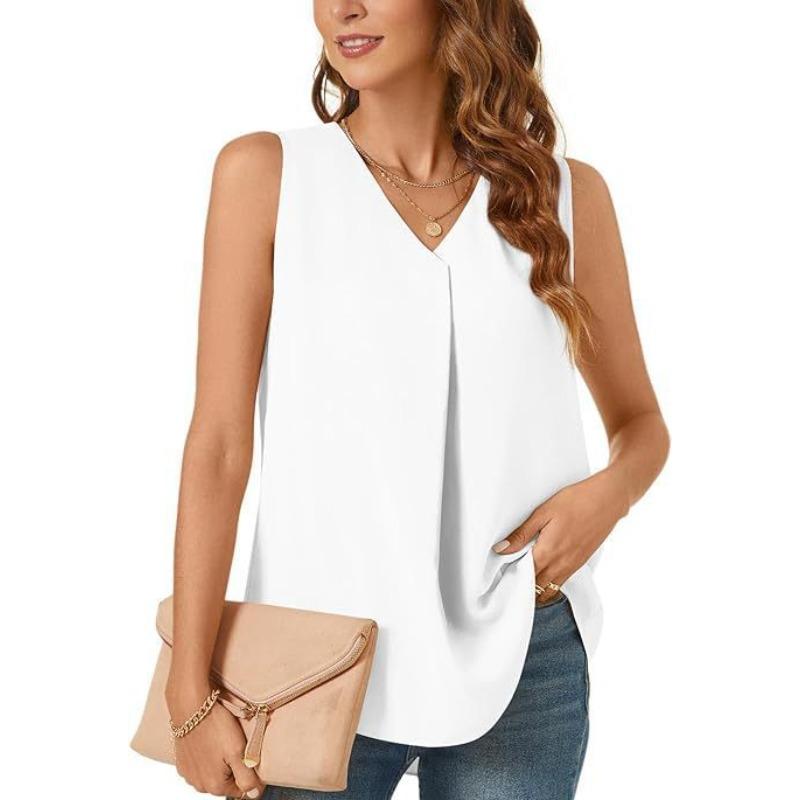 Women Summer Solid Color V Neck Sleeveless Loose Top S