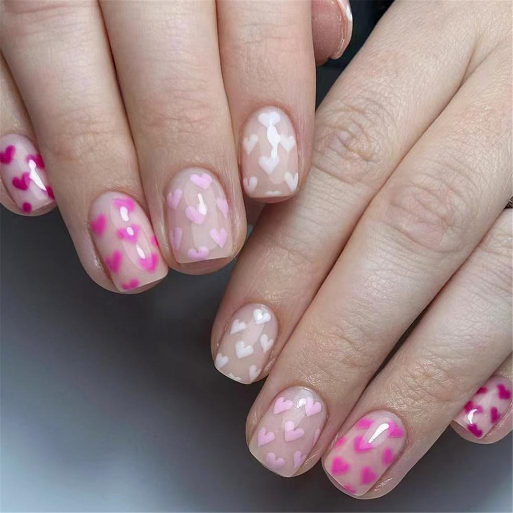 24 Pcs Heart Full Cover False Nail Valentines Day Press On Nail Short Square Stick On Nail Glossy Acrylic Nail
