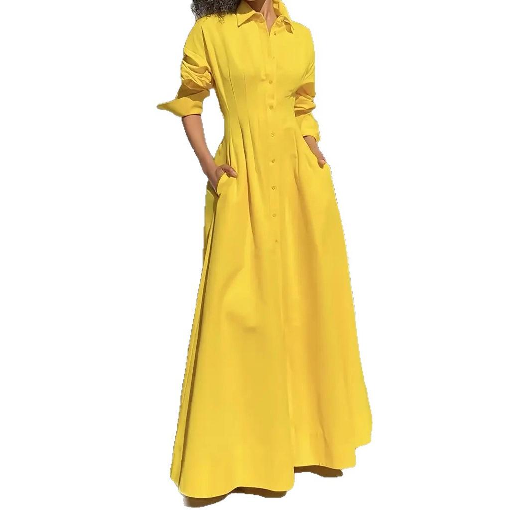 25 European and American women's clothing elegant temperament loose casual single-breasted slit shirt skirt dress long skirt