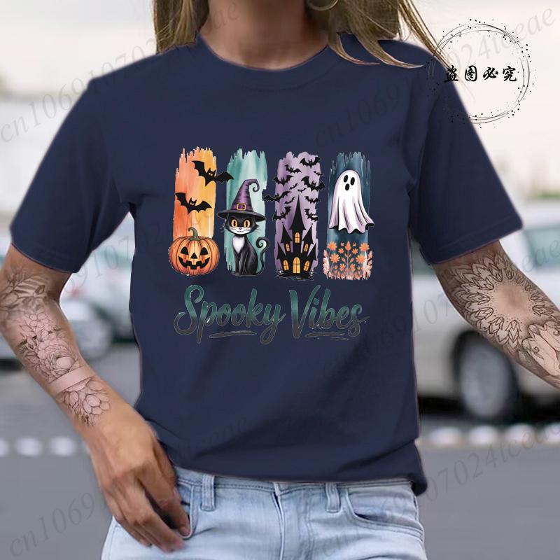 

Spooky Vibes Halloween TShirt Tee Spooky Cat Halloween TShirts Short Sleeve Sportwear Fashion Casual Womens TShirts Clothing 4XL