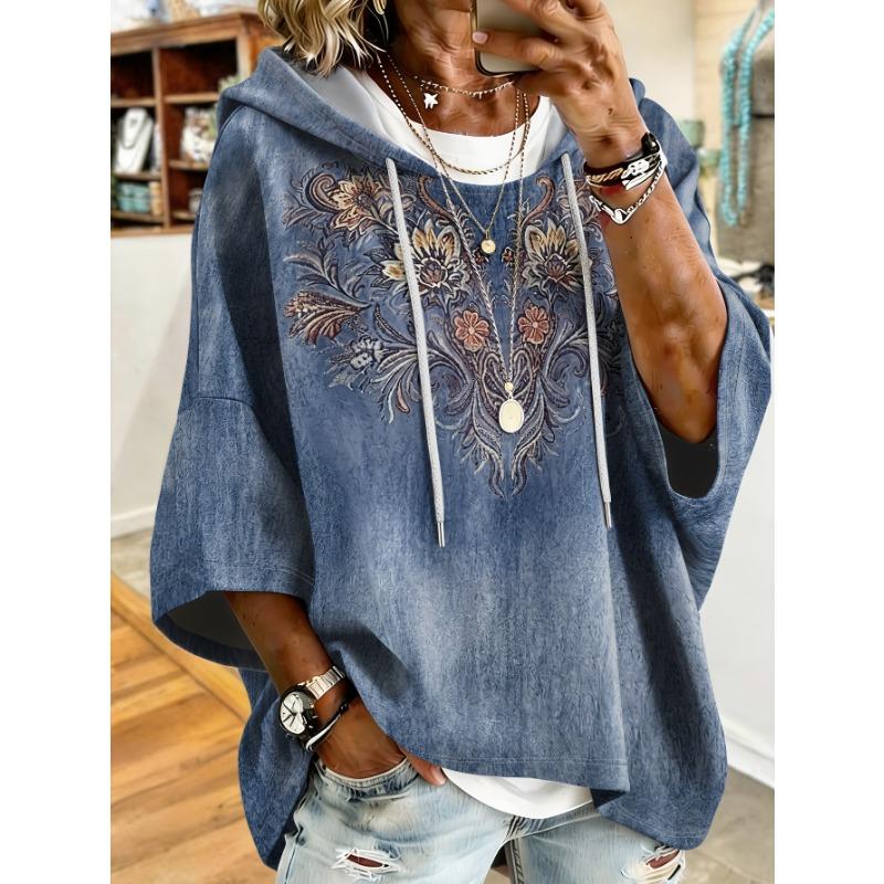 Printed Retro Ethnic Floral Hooded Sweatshirt, European and American Large Size Women's Three-quarter Sleeve Loose Shoulder Hoodie