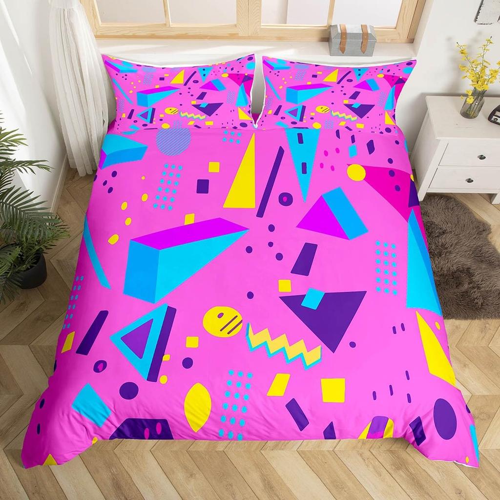 Memphis Geometric Duvet Cover Twin KingRetro Style Round Triangle Shapes Quilt Cover Colorful Graphic 80s 90S Style Bedding Set