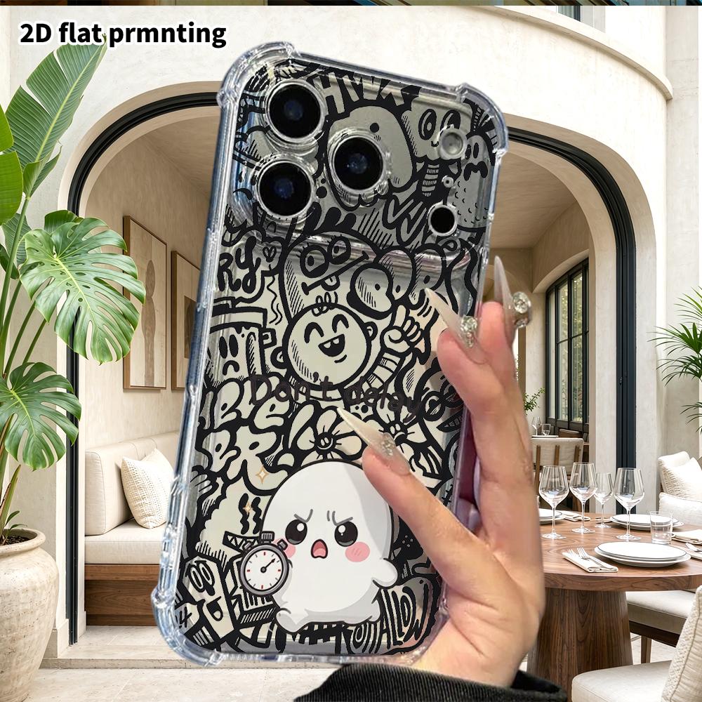 Phone Case: 2D Flat Suitable for iPhone 18 17 16 15 14 13 Pro, Transparent Four Corner Protective Case, White Ghost, Christmas and Halloween Gifts