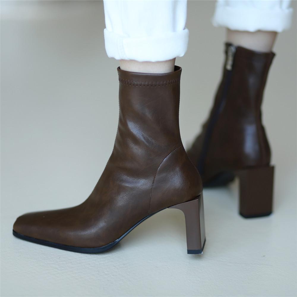 Fashion 2025 New Spring Autumn Cow Leather Retro Square Toe Zipper High heels Ankle Boots Square Heel All Match Women Shoes Green 33-40