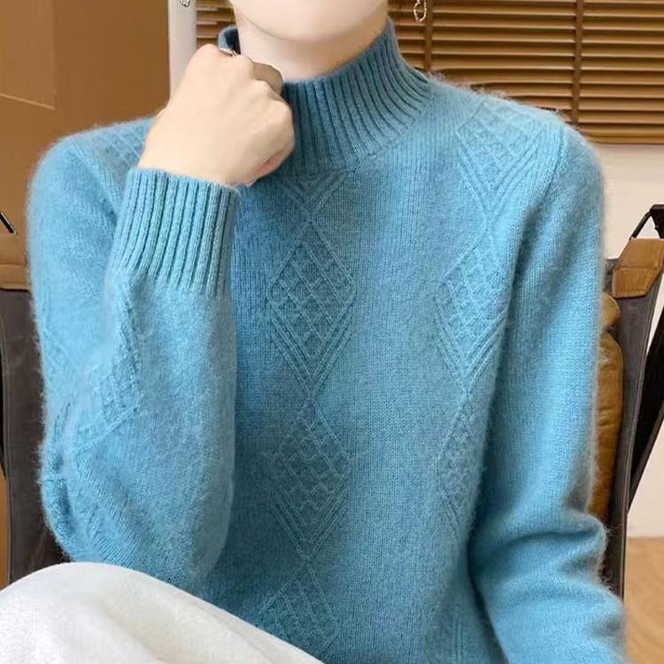 Half High Collar Jacquard Knitted Sweater Women's Autumn and Winter Solid Color Knitted Sweater Long Sleeved Loose Thick Pullover